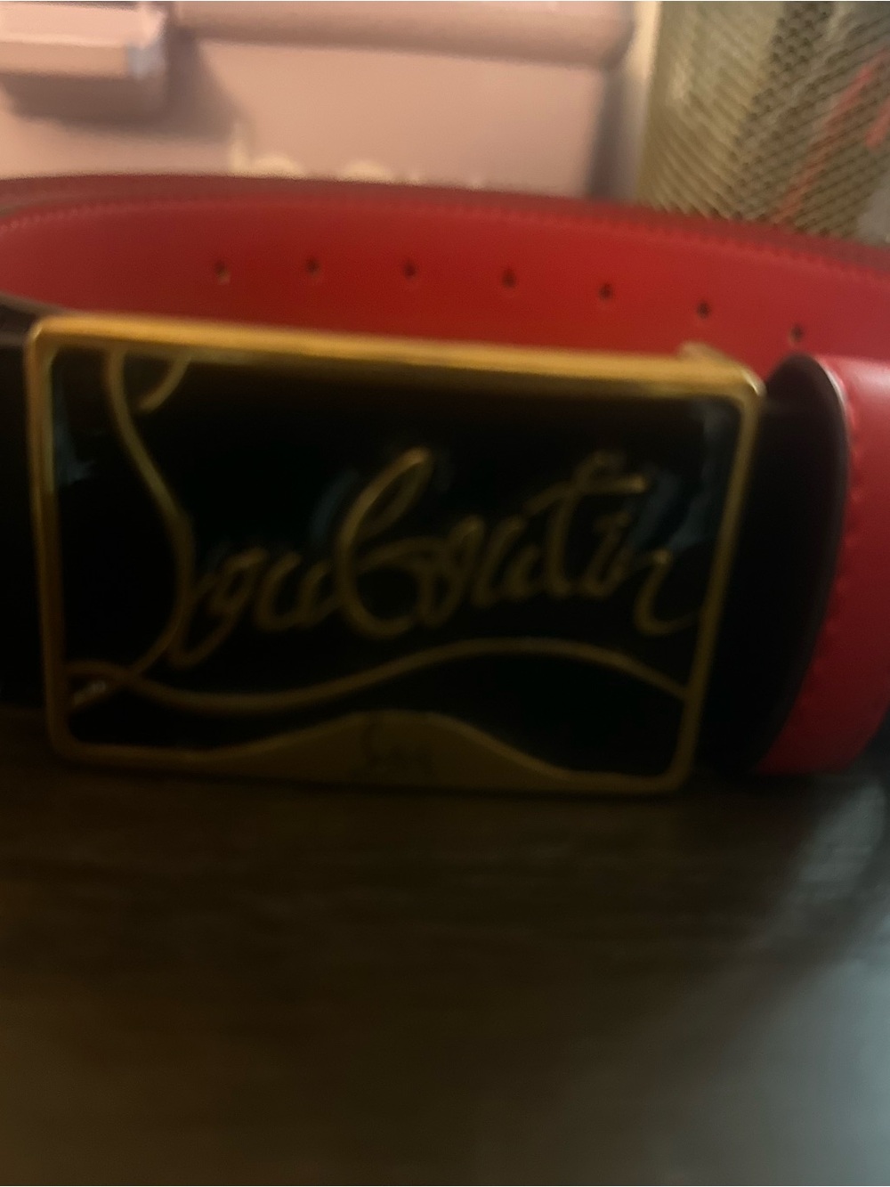 LUX Black Leather Belt with Red Interior and Gold Logo Buckle - Picture 2 of 7